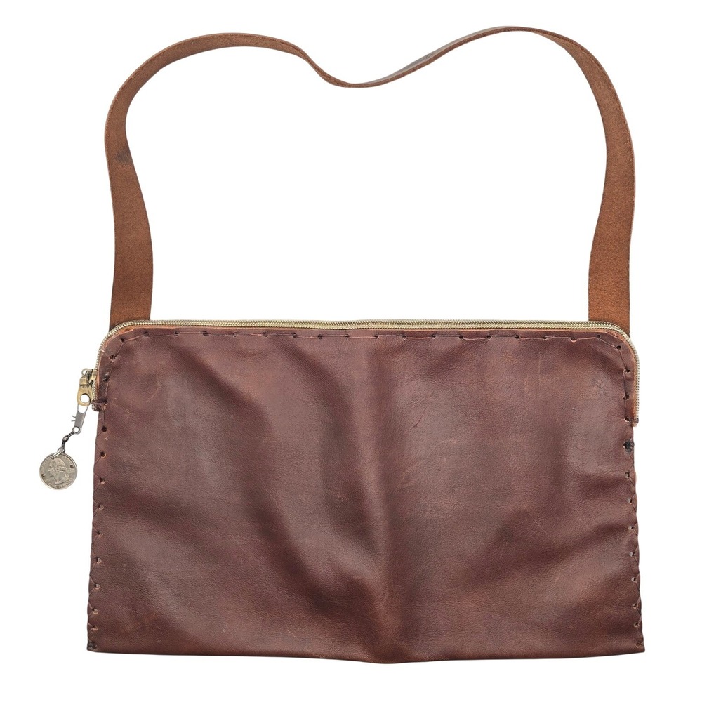 Y2K Handmade Brown Leather Shoulder Bag Whipstitch Quarter Coin Zipper Pull